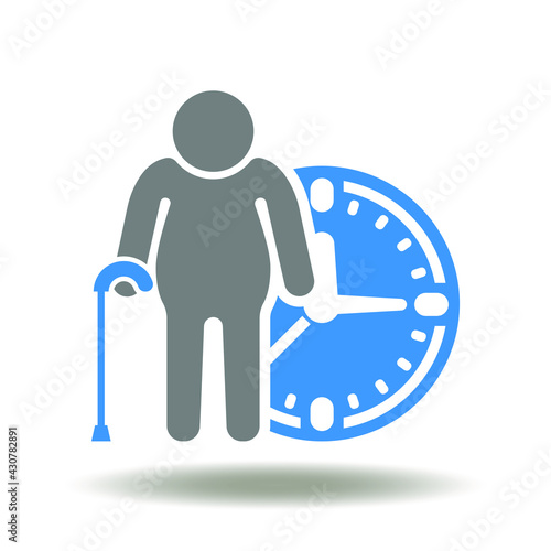 Elderly pensioner with clock vector illustration. Retirement symbol. Pension icon.