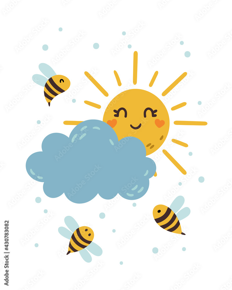 Honey Bee, Sun and cloud kids vector poster template
