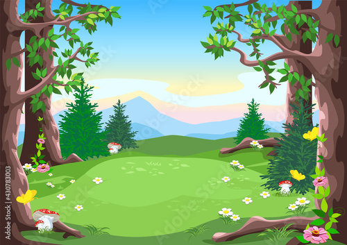 Vector fairy tale landscape of a forest glade with trees, blooming flowers and yellow butterflies in cartoon style