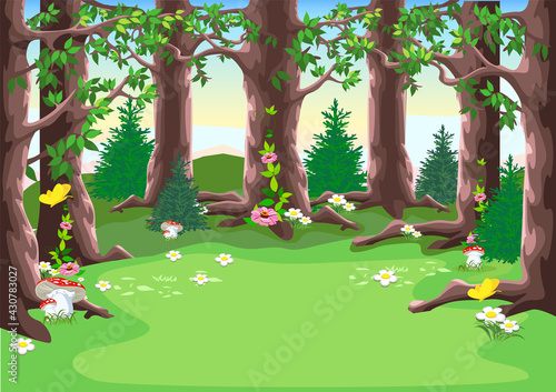 Vector fairy tale landscape of a forest glade with trees, blooming flowers and yellow butterflies in cartoon style