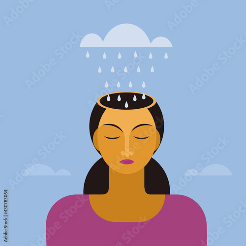 Meditative woman gets raindrops inside her skull from a cloud above