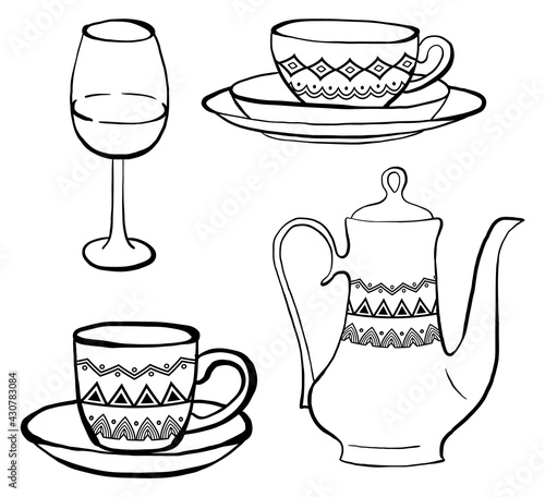 Set of hand drawn decorated tableware, vector illustrations in black and white - plates, mugs, wine glass and teapot