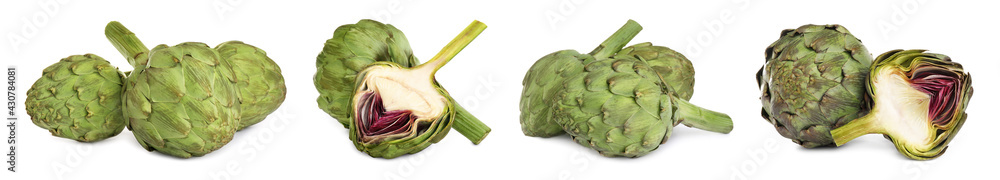 Obraz premium Set with fresh raw artichokes on white background. Banner design