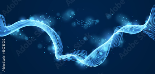 Vector abstract background with wave of flowing particles over dark, smooth curve shape lines, particle array flow. 3d shape glowing dots blended mesh, technology relaxing wallpaper.