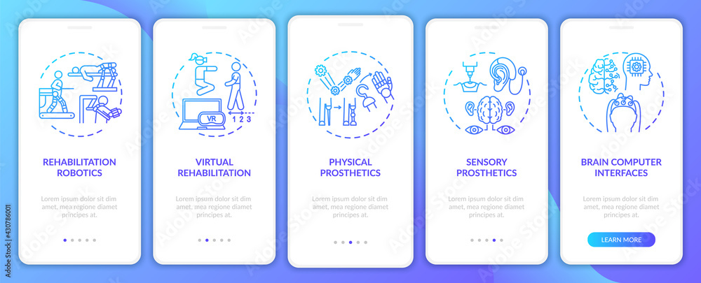 Rehab engineering onboarding mobile app page screen with concepts. Brain computer interfaces walkthrough 5 steps graphic instructions. UI, UX, GUI vector template with linear color illustrations