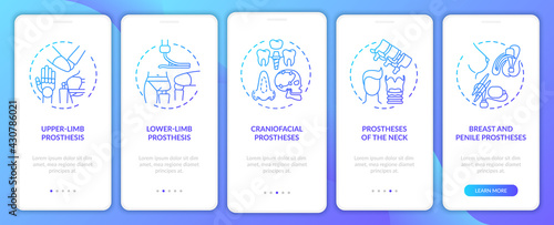 Prosthetic device types onboarding mobile app page screen with concepts. Limb prosthesis walkthrough 5 steps graphic instructions. UI, UX, GUI vector template with linear color illustrations