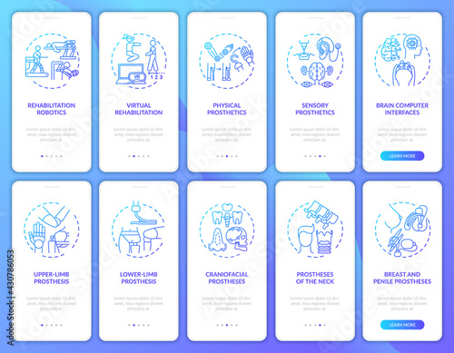 Implant rehabilitation onboarding mobile app page screen with concepts set. Limb, face prosthesis walkthrough 5 steps graphic instructions. UI, UX, GUI vector template with linear color illustrations