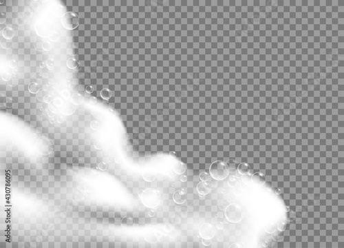 Realistic background with Soap foam. Bath laundry white bubbles, shampoo soap clean bubbling shiny washing hygiene detergent vector. Checkered transparent background
