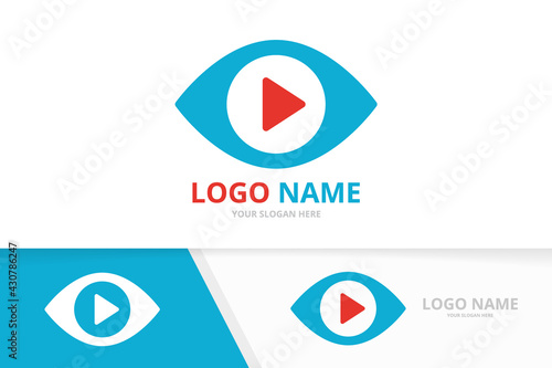 Eye and button play logo combination. Unique media logotype design template.