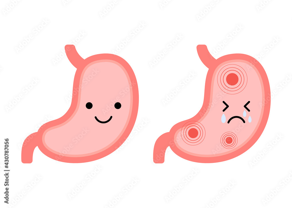 Stomach organ happy healthy and sad suffering sick characters. Check health of stomach. Unhealthy gastric, gastritis, indigestion and ulcer problems, pain, disease concept. Vector flat illustration Stomach organ happy healthy and sad suffering sick characters. Check health of stomach. Unhealthy gastric, gastritis, indigestion and ulcer problems, pain, disease concept. Vector flat illustration