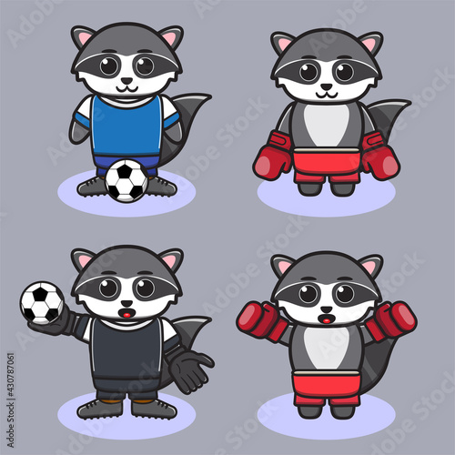 Fototapeta Naklejka Na Ścianę i Meble -  Vector illustration of cute Raccoon Football and Boxing cartoon. Cute Raccoon expression character design bundle. Good for icon, logo, label, sticker, clipart.