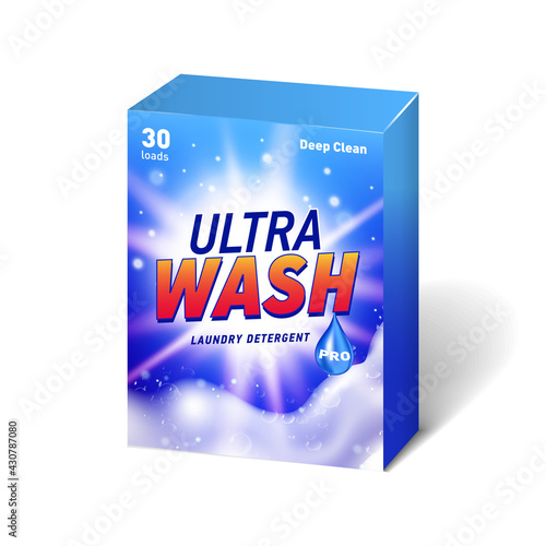 Realistic mock up of container for detergent with designed etiquette. Detergent package.