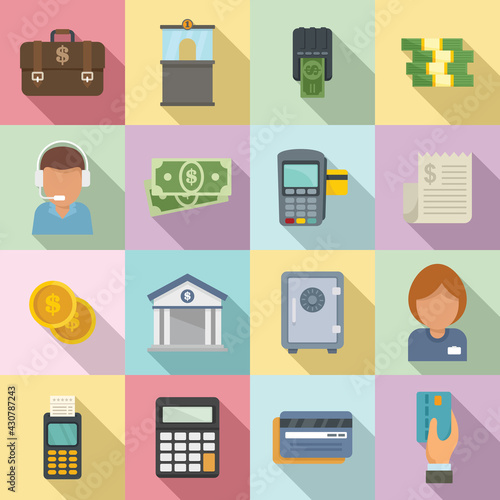 Bank teller icons set, flat style