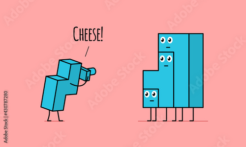 Kawaii tetris brick photographer taking photo of family and asking them say Cheese.