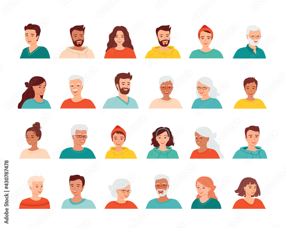 Large set of avatars of smiling people of different ages and nationalities. Young students, gray haired seniors, various face icons. Isolated vector illustration. Large set of avatars of smiling people of different ages and nationalities. Young students, gray haired seniors, various face icons. Isolated vector illustration.
