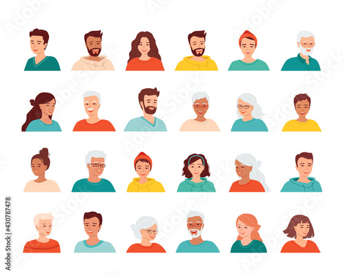 Large set of avatars of smiling people of different ages and nationalities. Young students, gray haired seniors, various face icons. Isolated vector illustration.