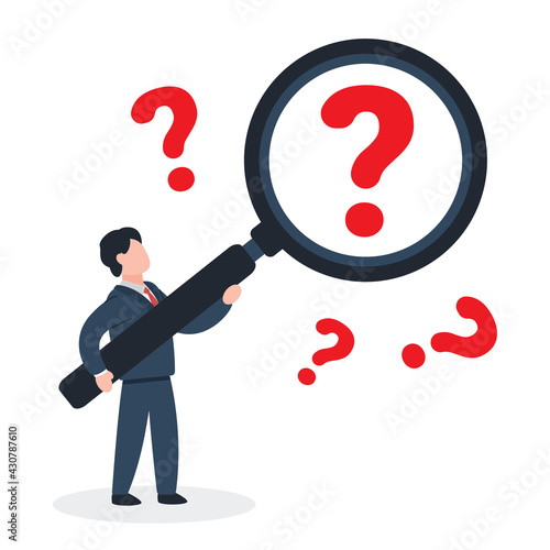 Businessman holding a magnifying glass over red question mark. Creative concept idea of searching answer. Suspicion and Curious. Simple trendy cute vector illustration. Modern flat style graphic icon.