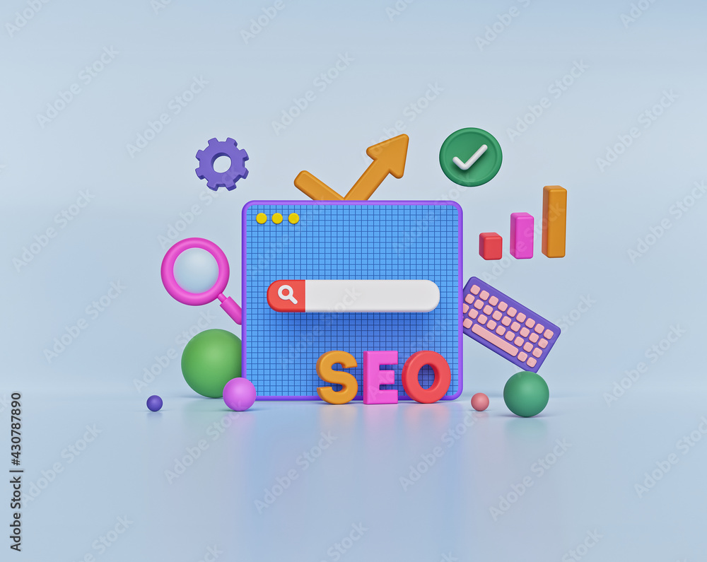 modern search engine optimization concept. minimal 3d icons. 3d rendering modern search engine optimization concept. minimal 3d icons. 3d rendering