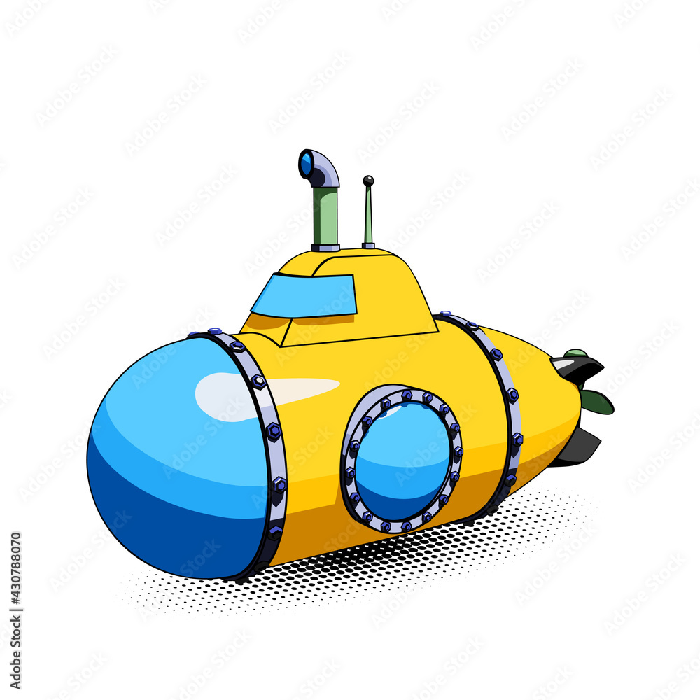 Yellow cartoon submarine with periscope and large portholes. Vector illustration isolated on a white background with halftone shadow Stock Vector | Adobe Stock Yellow cartoon submarine with periscope and large portholes. Vector illustration isolated on a white background with halftone shadow Stock Vector | Adobe Stock
