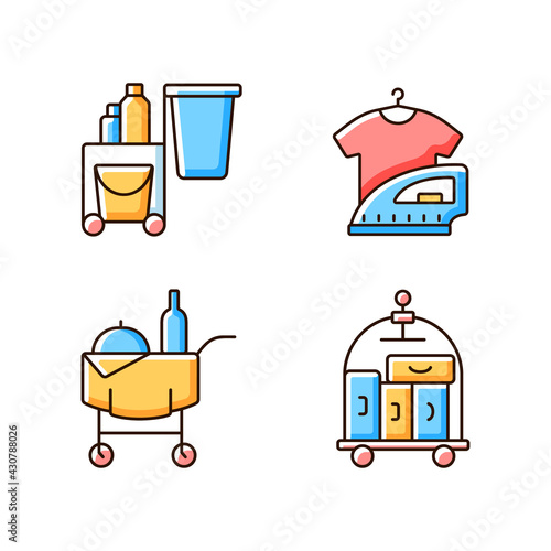 Hotel services RGB color icons set. Pet friendly hotels for visiting with animals. Modern types of hotels which have all features. Isolated vector illustrations
