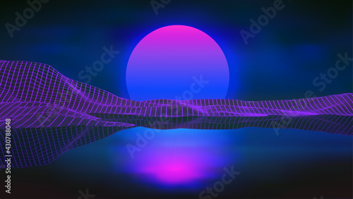 Retro background futuristic landscape 1980s style at sea. Digital retro landscape cyber surface. Retro music album cover template sun, space, mountains . 80s Retro Sci-Fi Background Summer Landscape.