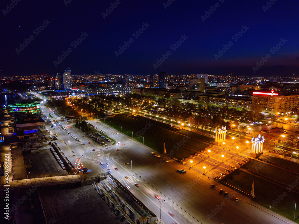Volgograd embankment, promenade in the Park at night, aerial view from drone