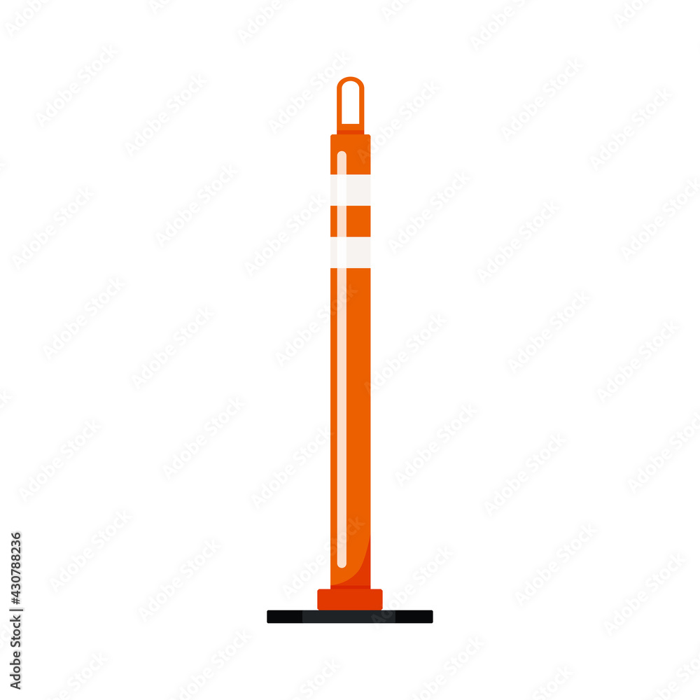 Orange cylinder delineator post barrier isolated on white background. Warning parking symbol with reflective stripes stickers. Vector flat design traffic control device clip art illustration. Orange cylinder delineator post barrier isolated on white background. Warning parking symbol with reflective stripes stickers. Vector flat design traffic control device clip art illustration.