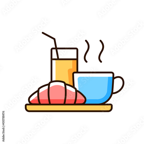 Breakfast RGB color icon. Light morning meals consisting of pastries and baked goods, fruits and coffee. Hotels charge extra money. Isolated vector illustration