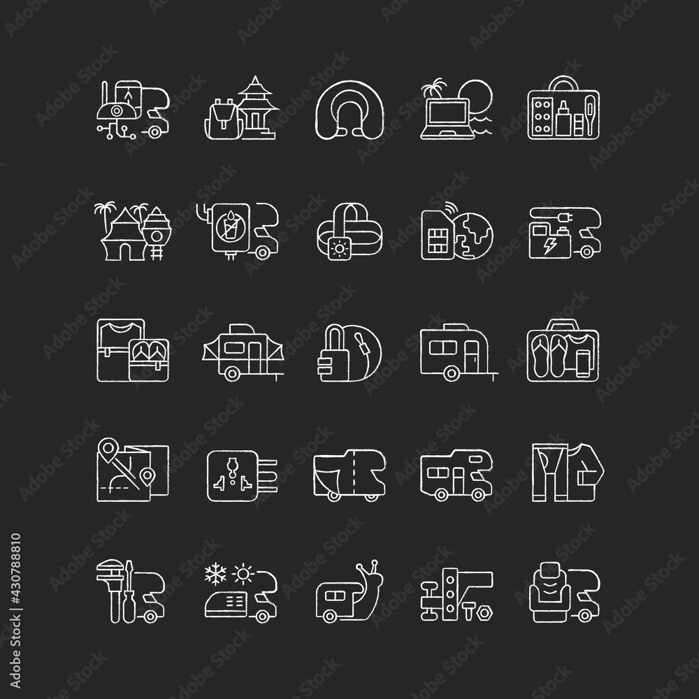 Nomadic vacations chalk white icons set on black background. Roadtrip trailer. RV vehicle. Van for tourist lifestyle. Camping trip necessities for recreation. Isolated vector chalkboard illustrations