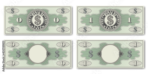 A set of fictional US paper money. Obverse and reverse of zero and 1 dollar banknotes. Guilloche grids and shadows