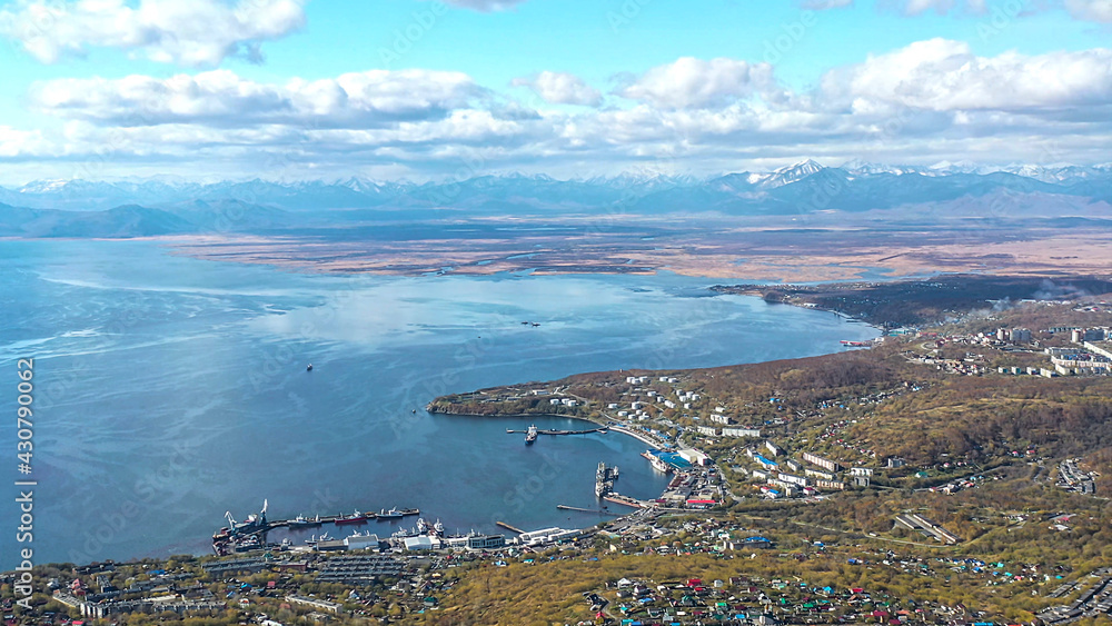 Aerial view of the landscape with a view of Petropavlovsk-Kamchatsky. Russia