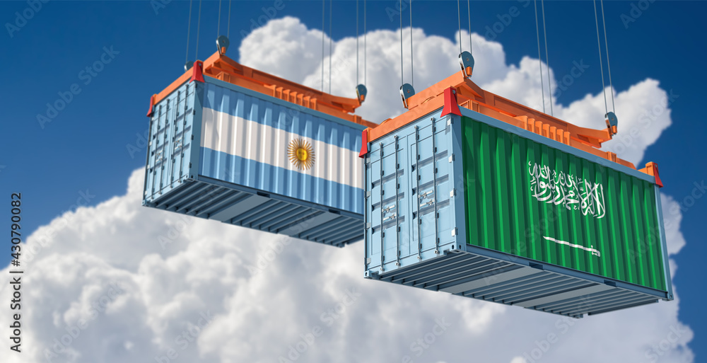 Freight containers with Argentina and Saudi Arabia national flags. 3D Rendering 