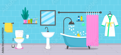 Modern bathroom design with bathtub, washbasin, faucet, bathrobe, toilet and body accessories.