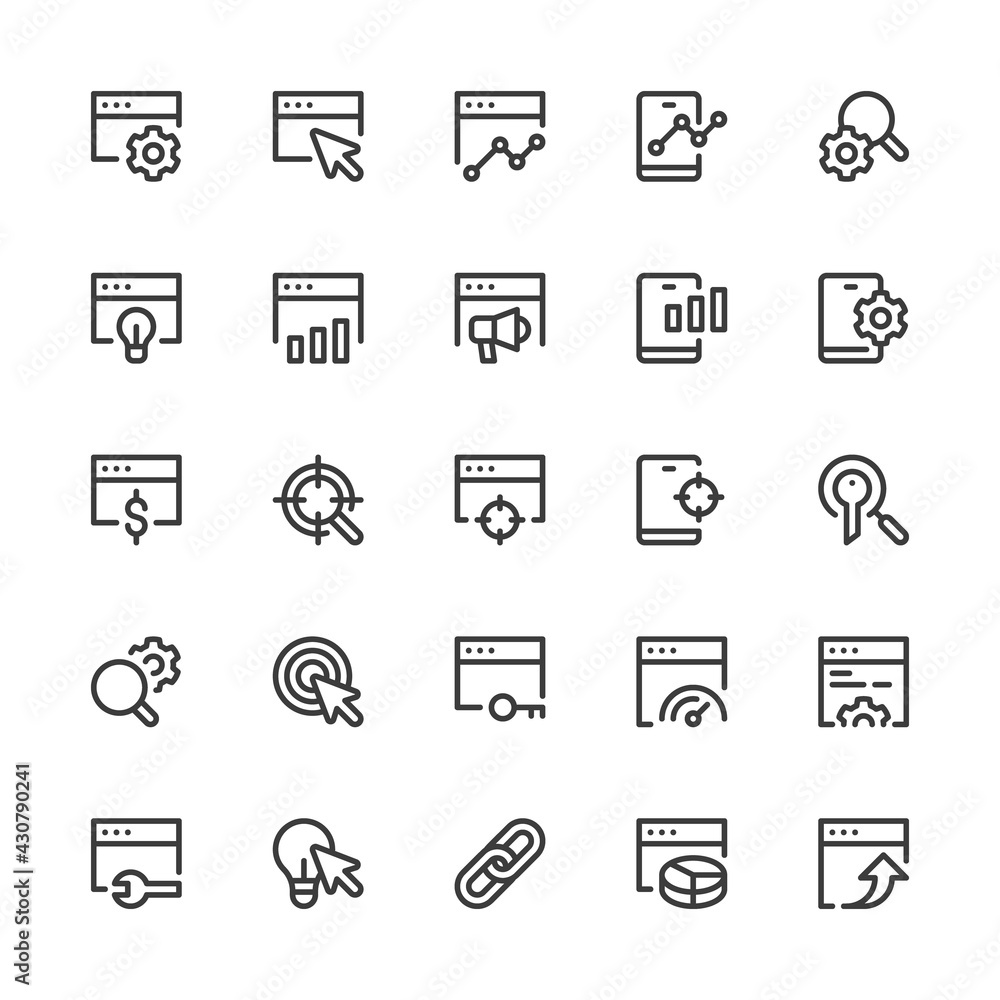 Simple Interface Icons Related to SEO. Search Engine Optimization, Brand Management, Traffic Management, Increasing Sales. Editable Stroke. 32x32 Pixel Perfect.