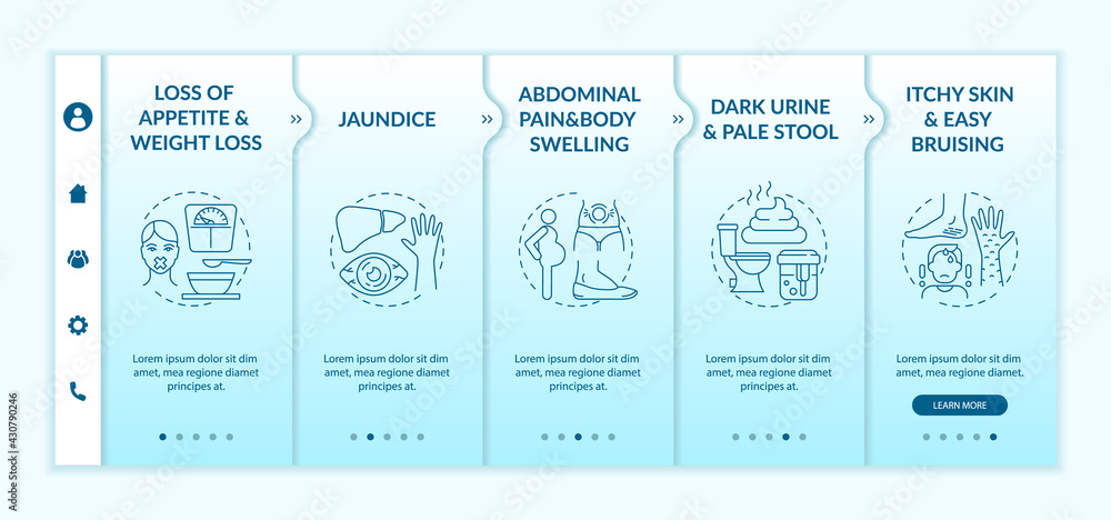 Hepatic insufficiency symptoms onboarding vector template. Responsive mobile website with icons. Web page walkthrough 5 step screens. Weight loss, jaundice color concept with linear illustrations