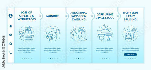 Hepatic insufficiency symptoms onboarding vector template. Responsive mobile website with icons. Web page walkthrough 5 step screens. Weight loss, jaundice color concept with linear illustrations