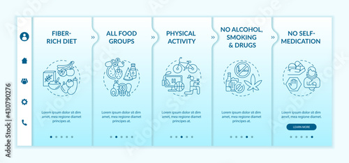Hepatic health requirements onboarding vector template. Responsive mobile website with icons. Web page walkthrough 5 step screens. No self-medication, no drugs color concept with linear illustrations