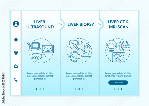 Liver identifying onboarding vector template. Responsive mobile website with icons. Web page walkthrough 3 step screens. Hepatic biopsy, CT scan color concept with linear illustrations