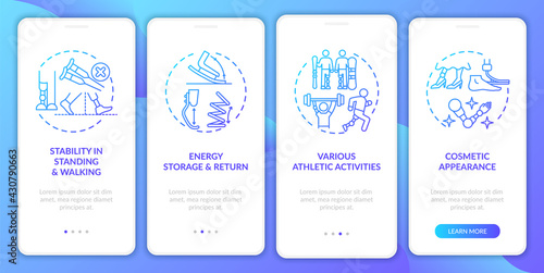 Lower-limb implants tasks onboarding mobile app page screen with concepts. Energy storage, return walkthrough 4 steps graphic instructions. UI, UX, GUI vector template with linear color illustrations
