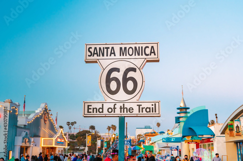 Route 66 Santa Monica End of Trail sign on. Los Angeles, USA - 15 Apr 2021
