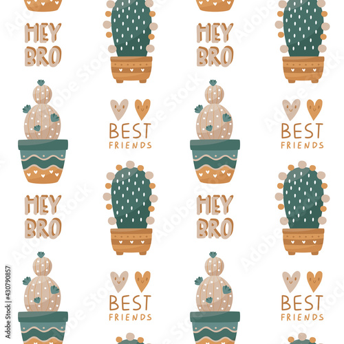 Seamless vector pattern with home plants: cactus and succulents and tags