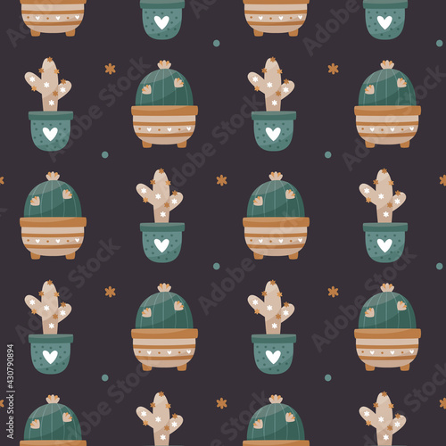 Seamless vector pattern with home plants: cactus and succulents