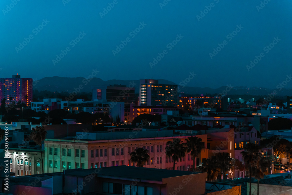 Panoramic view of Santa Monica and the beach at sunset, night photo from above on Los Angeles, California