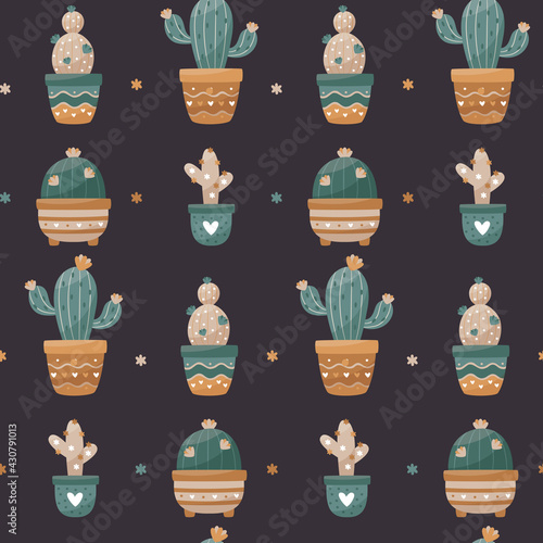 Seamless vector pattern with home plants: cactus and succulents