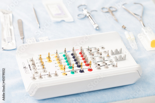 set of instruments for dental implantation on the dentist's table