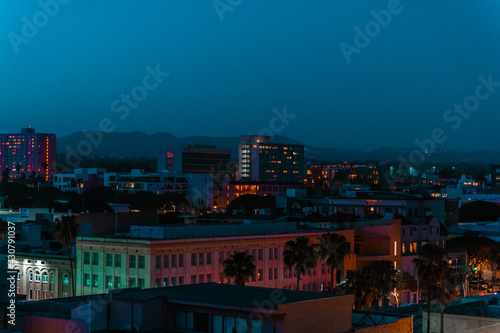 Panoramic view of Santa Monica and the beach at sunset, night photo from above on Los Angeles, California © KseniaJoyg