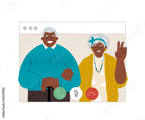 Fototapeta Naklejka Na Ścianę i Meble -  African american grandparents make a video call,conference via webcam during quarantine.Vector flat illustration.