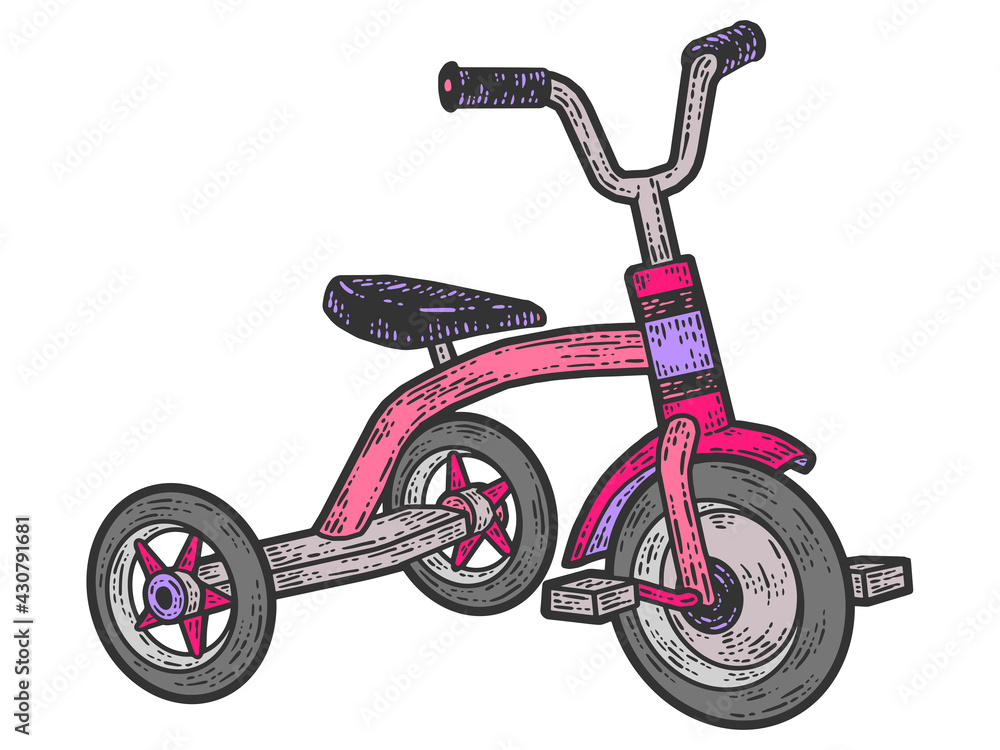 Tricycle, children bicycle. Sketch scratch board imitation. Color pink. Tricycle, children bicycle. Sketch scratch board imitation. Color pink.