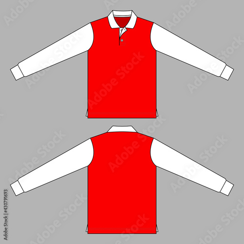 Red-White Long Sleeve Polo Shirt Design on Gray Background. Front and Back Views, Vector File.