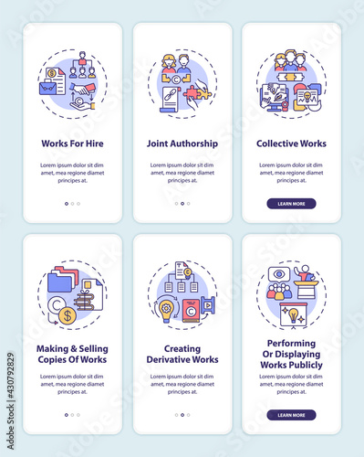 Copyright law protection onboarding mobile app page screen with concepts set. Exclusive rights walkthrough 3 steps graphic instructions. UI, UX, GUI vector template with linear color illustrations